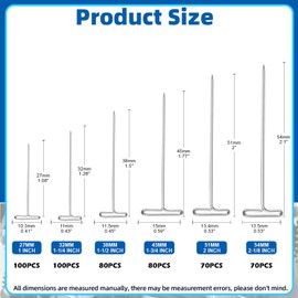 Glarks 500Pcs 6 Sizes Stainless Steel T-Pins Assortment Set 1.1inch, 1.3inch, 1.5inch, 1.8inch, 2inch, 2.1inch T Shape Pins for for Blocking Crochet, Modelling, Wig Making and Crafts
