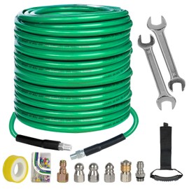 Hourleey Sewer Jetter Kit for Pressure Washer 150FT, 4000 PSI Drain Cleaner Hose 1/4 Inch NPT, Corner Rotating and Button Hose Sewer Jetting Nozzle Pearl Corsage Pin Tape Handle Strap Spanner, Green