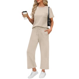 WIHOLL Beach Vacation Clothes for Women 2 Piece Travel Airport Outfits Fashion 2025 Comfy Summer Matching Sets Women Clothing Tropical Wide Leg Pants Lounge Sets Pjs Beige S