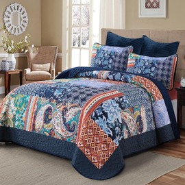DJY Patchwork Quilt Set Queen Size Navy Blue Bedspread Boho Paisley Floral Pattern Quilt Bedding Set, 3 Pieces Blue Bohemian Soft Lightweight Coverlet for All Season 96''x90''