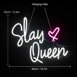 FAXFSIGN Slay Queen Neon Sign White Pink LED Neon Light Up Signs for Wall Decor Usb Neon Light for Bedroom Preppy Girl Aesthetic Room Dorm Decor Y2k Party Gifts