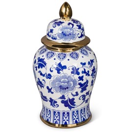 China Furniture Online 18 Inch Blue and White Porcelain Oriental Ginger Jar with Gold Accent