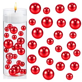 Mother of Pearl Beads, 150 Pieces Artificial Pearls, Floating Beads, Vase Filler, Shiny Beads Without Hole, Mixed Sizes, Plastic Beads for DIY Jewellery, Floating 10/14/20 mm (Large Red)