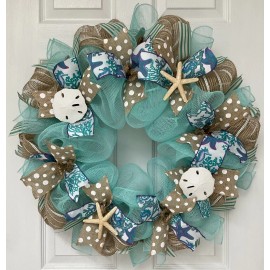 What A Mesh By Diana Starfish and Sand Dollar Ribbon Beach Wreath Handmade Deco Mesh