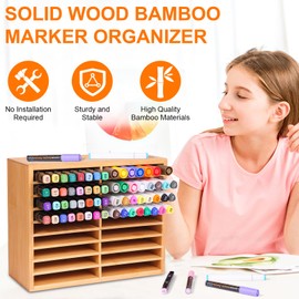 smocchy Marker Holder Organizer, Bamboo Marker Storage Organizer Holds 144 Markers, Solid Wood Marker Organizer Case with 18 Compartments for Home Classroom Office Desk Decor