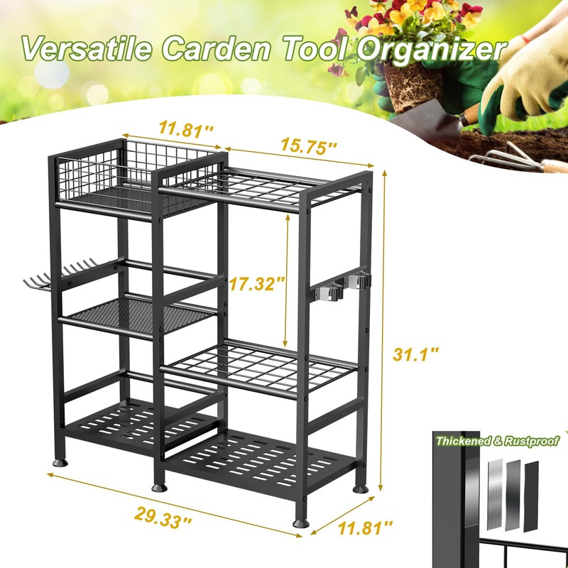 Keomaisyto Garden Tool Organizer With Basket - 3 Tier Yard