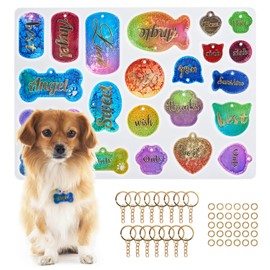 Konrisa Pet Tag Resin Molds, Silicone Molds for Resin Casting Pet Collar Tags Dog Cat Name, Keychain Resin Molds with 15Pcs Keychains Ring Making Tag Charm Pendant Jewelry Making Epoxy Molds