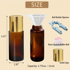 Bottiglie roll-on per oli essenziali, al quarzo rosa, confezione da 2 bottiglie vuote da 50 ml in vetro ambrato ricaricabili con sfera roll-on in cristallo per olio di ricino, dotate di imbuto e