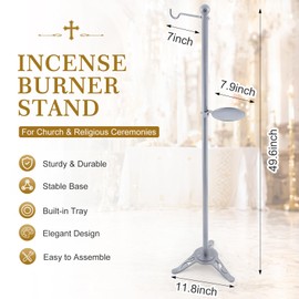 MorningRo Silver Christian Censer Stand with Flat Round Base 50 x 10.5 Inch for Mass, Processions, Benedictions, Weddings, and Funerals