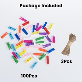 100PCS Colourful Mini Wooden Pegs 3.5CM Photo Display Clips, Small Photo Pegs Wooden Pegs for Pictures Cards Notes Hanging, Arts and DIY Crafts, Home/Party Decorations (30M Jute String Included)