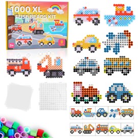 Large 10 mm Ironing Beads Vehicle Set, 1000 Pieces XL Beads with Pegboard, 10 Colourful Colours XL Ironing Beads, 10 Vehicle Patterns and Ironing Paper, Creative Bead Set for Children from 3 Years
