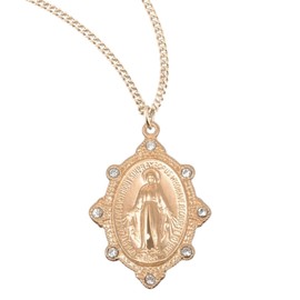 Women's 925 Plated Sterling Silver Miraculous Medal Necklace with Clear Austrian Crystals, Blessed Mother Mary, 1.0" on 18" Gold-Plated Chain, Made in USA, Deluxe Velvet Gift Box Included