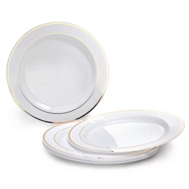 " OCCASIONS" 50 Plates Pack, Heavyweight Premium Disposable Plastic Plates Set (25 x 10.5'' Dinner + 25 x 6.25'' Cake plates) (White & Gold Rim)