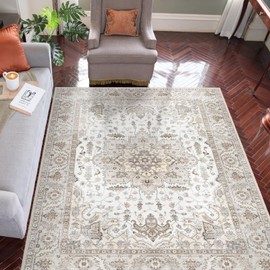 Fortsea Area Rug 5x7, Machine Washable Rugs for Bedroom, Large Non Slip Persian Rug for Bedroom Living Room Kitchen Entryway Bathroom Office Carpet Brown…