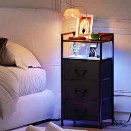 Somdot Black Nightstand with Charging Station and LED Light for Bedroom, Tall 3 Drawers Dresser with Fabric Bins for Bedside Kids Dorm Room Closet Laundry Entryway, Black Rustic Brown