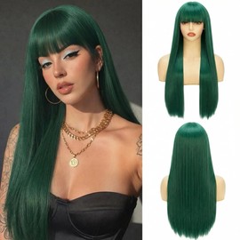 Long Green Wig with Bangs Long Straight Wig for Women Synthetic Cosplay Wig No Lace Nature Looking Girls Green Costume Full Wigs