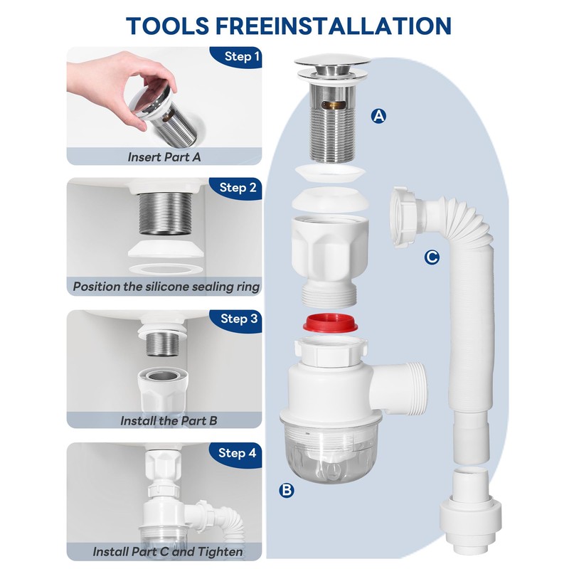 BOTEMY Polished Bathroom Sink Drain Kit with Flexible Sink Drain