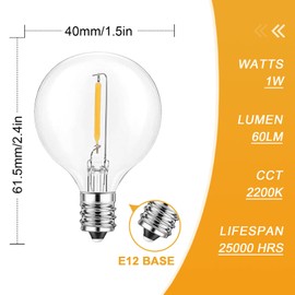Jslinter 25Pack G40 LED String Light Bulbs Replacement, 1W(11W Equivalent), 60LM, 2200K Warm White, Shatterproof, E12 Screw Base, Vintage Edison Bulbs for Patio Garden
