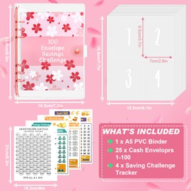 100 Envelope Saving Challenge, Budget Planner A5 Ring Binder with Challenge Tracker & Pre-Numbered Money Compartments, Budget Binder for Money Saving Challenge