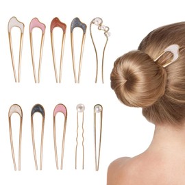 FHUIEWRY 10 Pack Metal U Shaped Hair Pins, French Hair Pin Vintage Hair Fork Gold Silver Updo Chignon Pins, 2 Prong Bun Hair Sticks Hairpin for Women Girls Buns Hair Accessories