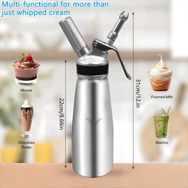 Professional Whipped Cream Dispenser, 500 ml/1 Pint Aluminum Cream Canister Whipped Homemade Cream Maker Canister with 3 Decorating Nozzles 1 Brush, 1 Chargers Holder