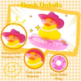 MuMyer - Patos de goma para coches, tablero de instrumentos, patos de vaquero, adornos de coche, accesorios de decoración de tablero de pato amarillo, con mini disco, sombrero de vaquero, anillo de