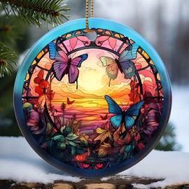 Touber Christmas Ornament, Christmas Decoration, Holiday Present Idea, Heirloom Keepsake, Round Ceramic, Gift Exchange, Gift Idea, Butterfly