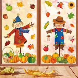 JarThenaAMCS 4 Sheet Fall Window Clings Cartoon Men and Women Scarecrow Window Decals Double-Sided Autumn Window Decor for Thanksgiving Party Home Office School Decor