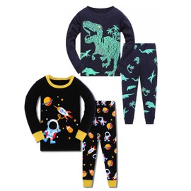 AmberEft Kids Pajamas for Boys Dinosaur Astronaut Long Sleeve Cotton Pjs 4-Piece Sets Sleepwears Size 5 (4-5 Years)
