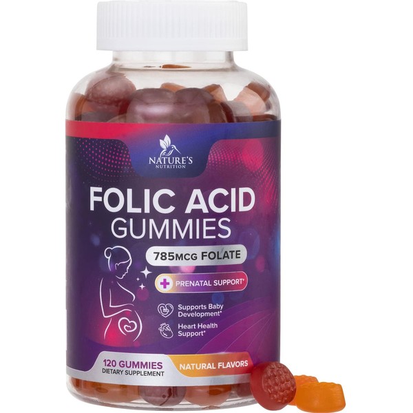 Folic Acid Gummies for Women 785 mcg, Essential Prenatal Vitamins for Mom & Baby, Vegan Folic Acid Supplement Gummy, B9 Chewable Extra Strength Folate for Before During After Pregnancy - 120 Gummies