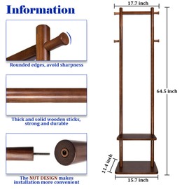 GZQXHOME Solid Wood Coat Rack Freestanding,Clothing Tree Racks with 2-layer Shelves Storage & 4 Hooks,Heavy Duty Stury Base for Entryway, Livingroom, Bedroom,Easy to Assemble(Brown)