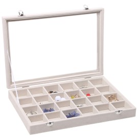 Stratalife Velvet Clear Lid 24 Grid Jewelry Organizer Storage Tray Stackable for Jewelry Display Case Holder Showcase(24 Grids)