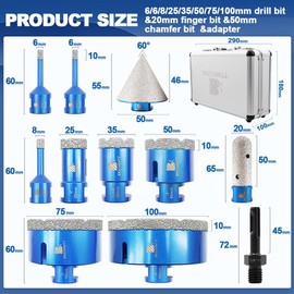 Diamond Core Drill Bit Set - 6/6/8/25/35/50/75/100mm Tile Hole Saw Kit for Porcelain Tile Ceramic Marble Granite Drilling&Chamfer Finger Bit&Adapter
