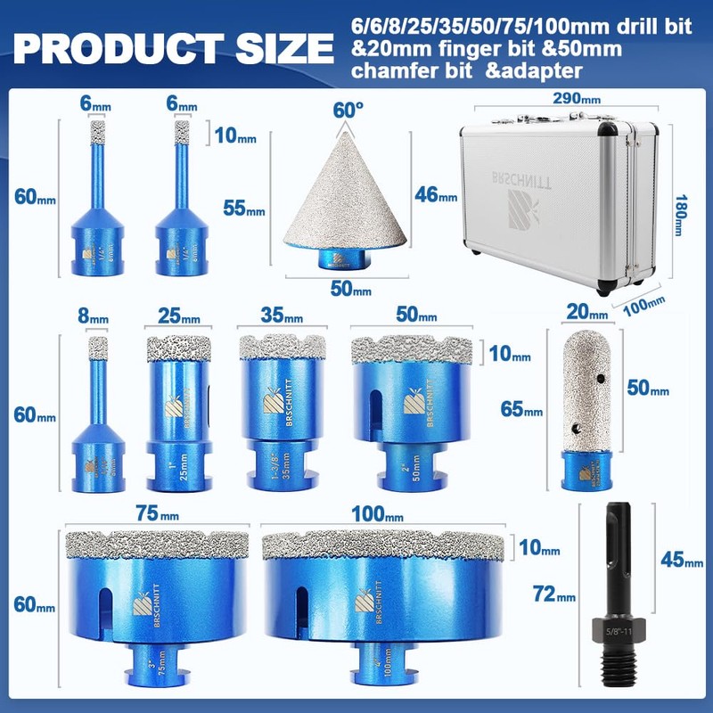 Diamond Core Drill Bit Set - 6/6/8/25/35/50/75/100mm Tile Hole Saw