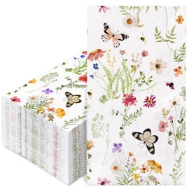 Whaline 50Pcs Floral Guest Napkins Watercolor Wildflower Disposable Napkins Spring Dinner Paper Hand Towel for Home Kitchen Bathroom Wedding Bridal Baby Shower