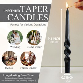 9.5 Inches Spiral Taper Candles Colorful Unscented Twisted Candle Smokeless Long Candles, Handmade Candlesticks for Wedding Dinner Home Decor, Set of 2(Black)