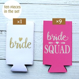 PartyGifts&Beyond 10Packs Bachelorette Party Decorations Slim Can Cooler Bridesmaid Gifts Can Cooler Bride Squad Can Sleeves(Neon Pink)