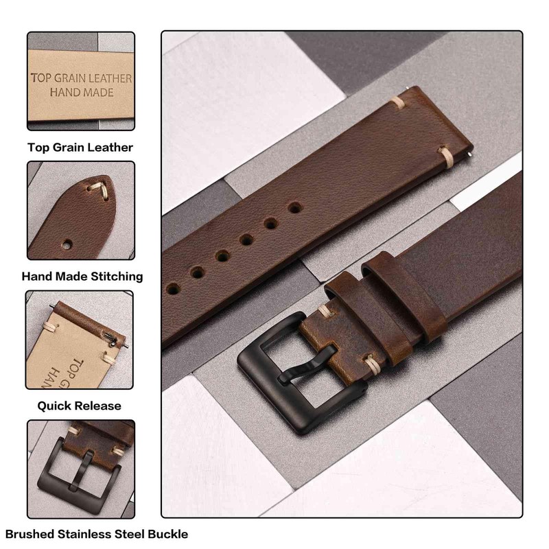 Anbeer Watch Band, Military Style Top Grain Leather, Quick Release