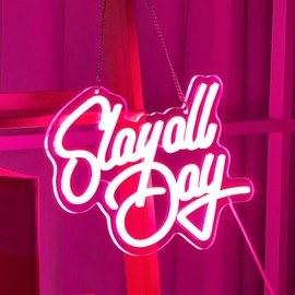 Yoiemivy Slay All Day Neon Sign Pink LED Light Sign for Wall Decor Preppy Stuff for Teen Girls Aesthetic USB Light for Room Dorm Decor, 15.7 x 12 Inch