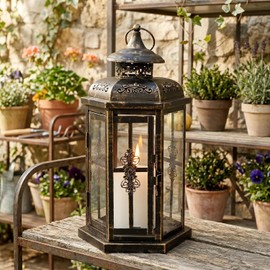 JHY DESIGN Linterna de Vela 30cm de Alto para Exterior Linterna Vintage de Metal Portavelas para Jardín para Interior y Exterior, Eventos, Fiestas y Bodas (Negro con Pátina Dorada)