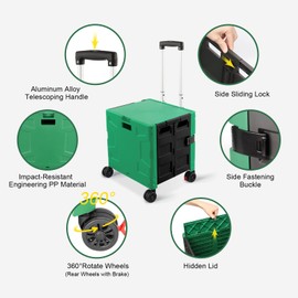 FELICON Folding Utility Cart Rolling Crate Handcart with Durable Heavy Duty Plastic Telescoping Handle Collapsible Hidden Lid 4 Rotate Wheels for Travel Shop Move Office Teacher Use(Dark Green&Black)