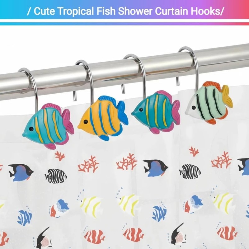 Fish-Shaped Shower Curtain Hooks 12-Pack, Underwater-Themed Bathroom Decor