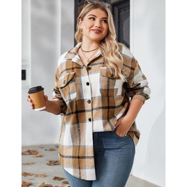 Zeagoo Women's Plus Size Flannel Plaid Shacket Casual Button Down Long Sleeve Flannel Shirts Fall Tartan Jacket Brown 22W