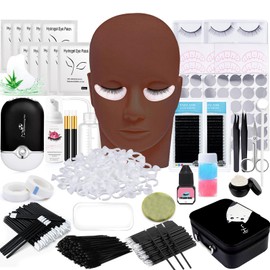 DNSGOOR Lash Extension Kit Professional Eyelash Grafting Training Tools Mannequin Head USB Fan Lash Shampoo 0.07D Curl Mix 8-15mm Glue Practice Eyelash Strips Lash Mapping,Exercise Set for Beginner