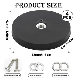 Beatific Pack of 4 Neodymium Magnets, Rubberised, Diameter 43 mm, Rubber Round Magnets, 10 kg Load Capacity, Strong Rubberised Magnets, Non-Slip with M6 Internal Thread Bore, for Screws Eyelet or Hook