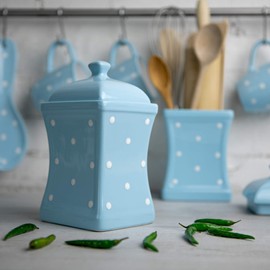 City to Cottage Light Sky Blue and White | Polka Dot Spotty | Handmade Hand Painted | Large 31.5oz/900ml Ceramic Kitchen Storage Jars With Lid | Food Containers | Canisters