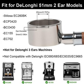 CAPFEI 51mm Bottomless Portafilter 2 Ears Compatible with Delonghi Stilosa EC260/EC155/ECP3420 | Stainless Steel Filter Basket | T Buckle Walnut Handle