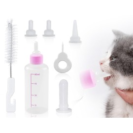 KAPSING Breeding Bottle Pet Set, 60 ml Small Cat Dog Breeding Bottle, Pet Baby Bottle Kit, Includes Bottle, Teats, Brush and Through Hole Needle (Pink)