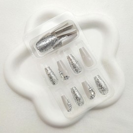 Coffin Press on Nails Medium Fake Nails, Silver Glitter & Sequins Glue on Nails Grey Full Cover Acrylic Nails Glossy Artificial Rhinestones Stick on Nails for Women 24 Pcs