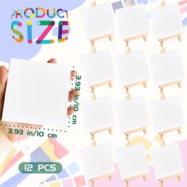 48PCS 12 Sets Printed Canvas Paint Art 12 Pcs Wooden Easel Set Paint Pots and Brushes and 12 Pre Drawn Canvas Panel 12 Pcs Mini Apron and Tote Bag for Kids(blank-4x4IN)